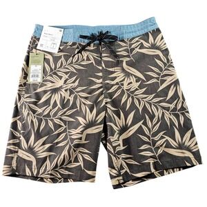 Goodfellow & Co Board Shorts Mens 32 Brown Leaf Print 4-Way Stretch Drawstring